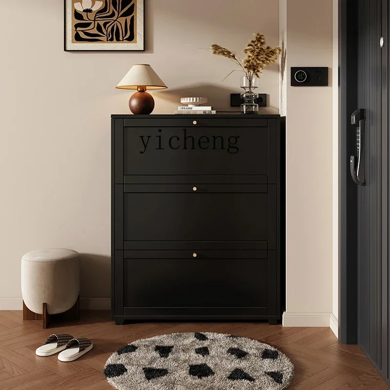 solid wood retro ultra-thin tipping bucket shoe cabinet home door corridor new black shoe cabinet