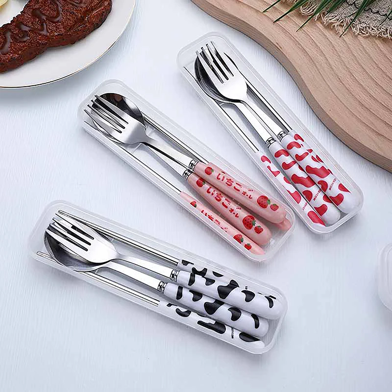 Cute Strawberry Chopsticks Spoon Fork Cutlery Set With Case Portable Travel Stainless Steel Tableware Kitchen Utensils