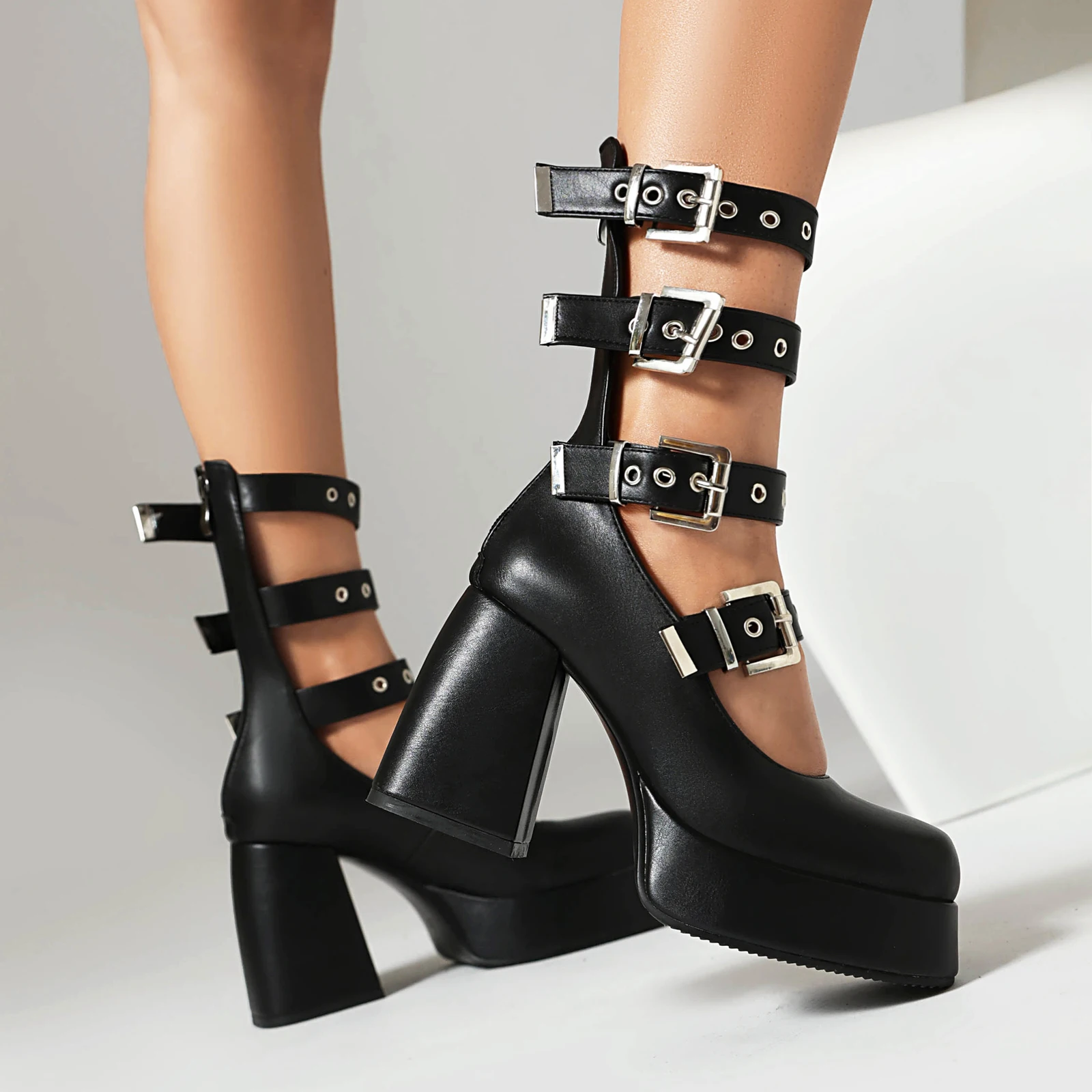 Punk Black Women's Gladiator Pumps Platform Block High Heels Shoes Back Zipper Design Buckles Decor Autumn Footwear