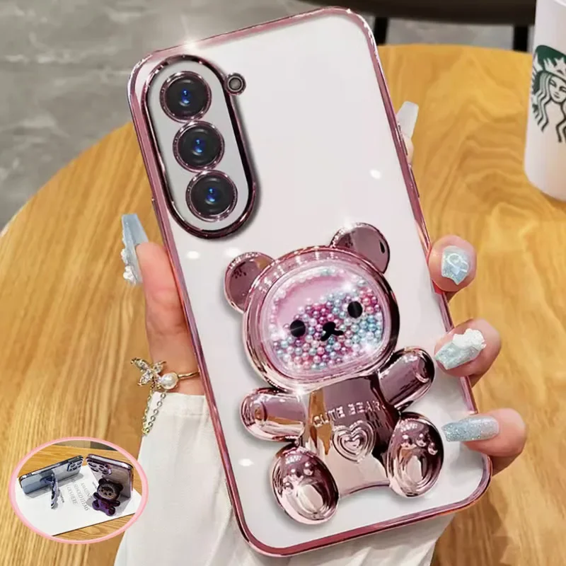 Cute Bear Bracket Plating Phone Holder Case for Funda Motorola Moto G85 G84 G83 G04 G14 G24 G34 G54 G73 E14 Clear Stand Cover