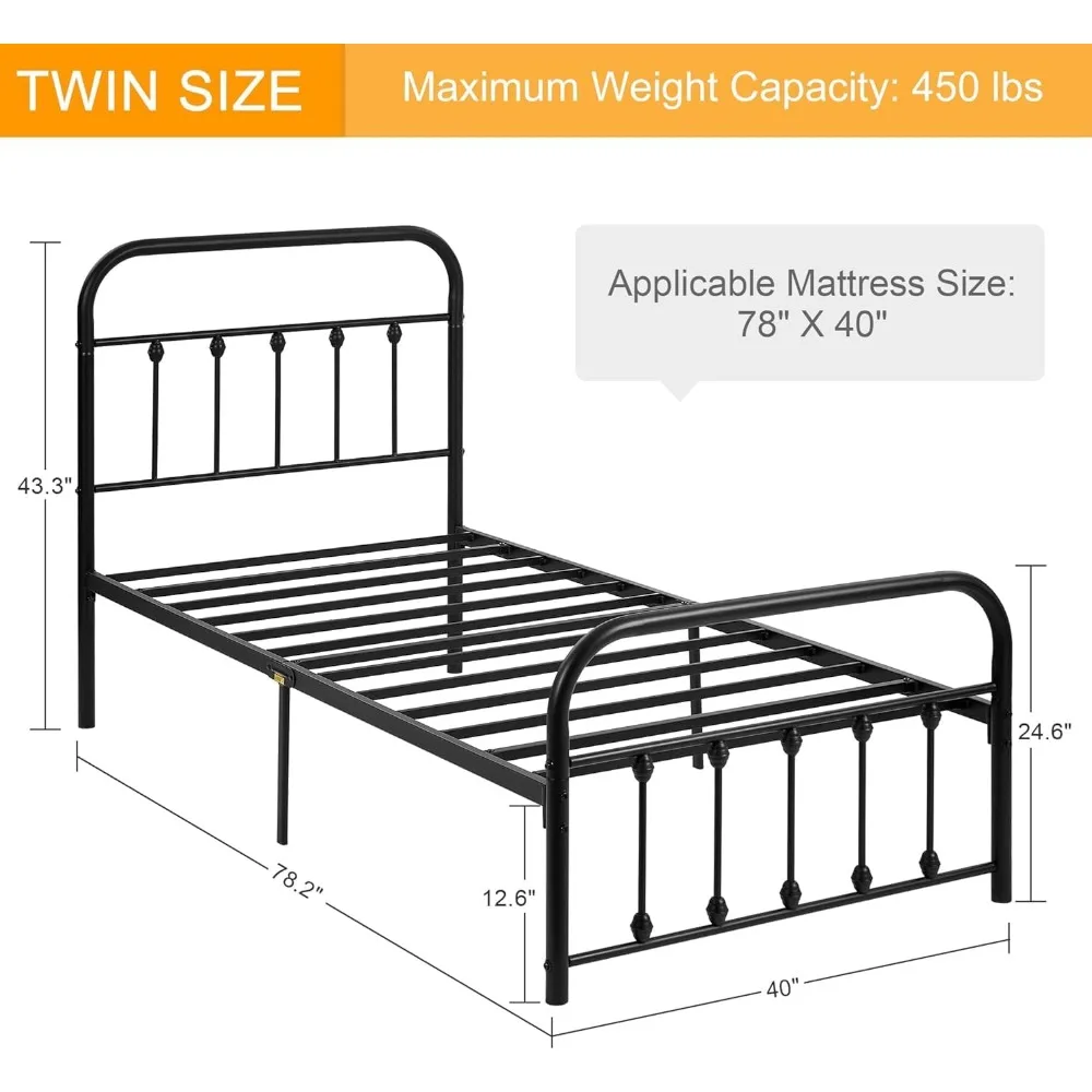 Twin Size Victorian Style Metal Bed Frame with Headboard Classic Metal Platform Bed Frame Mattress Foundation with