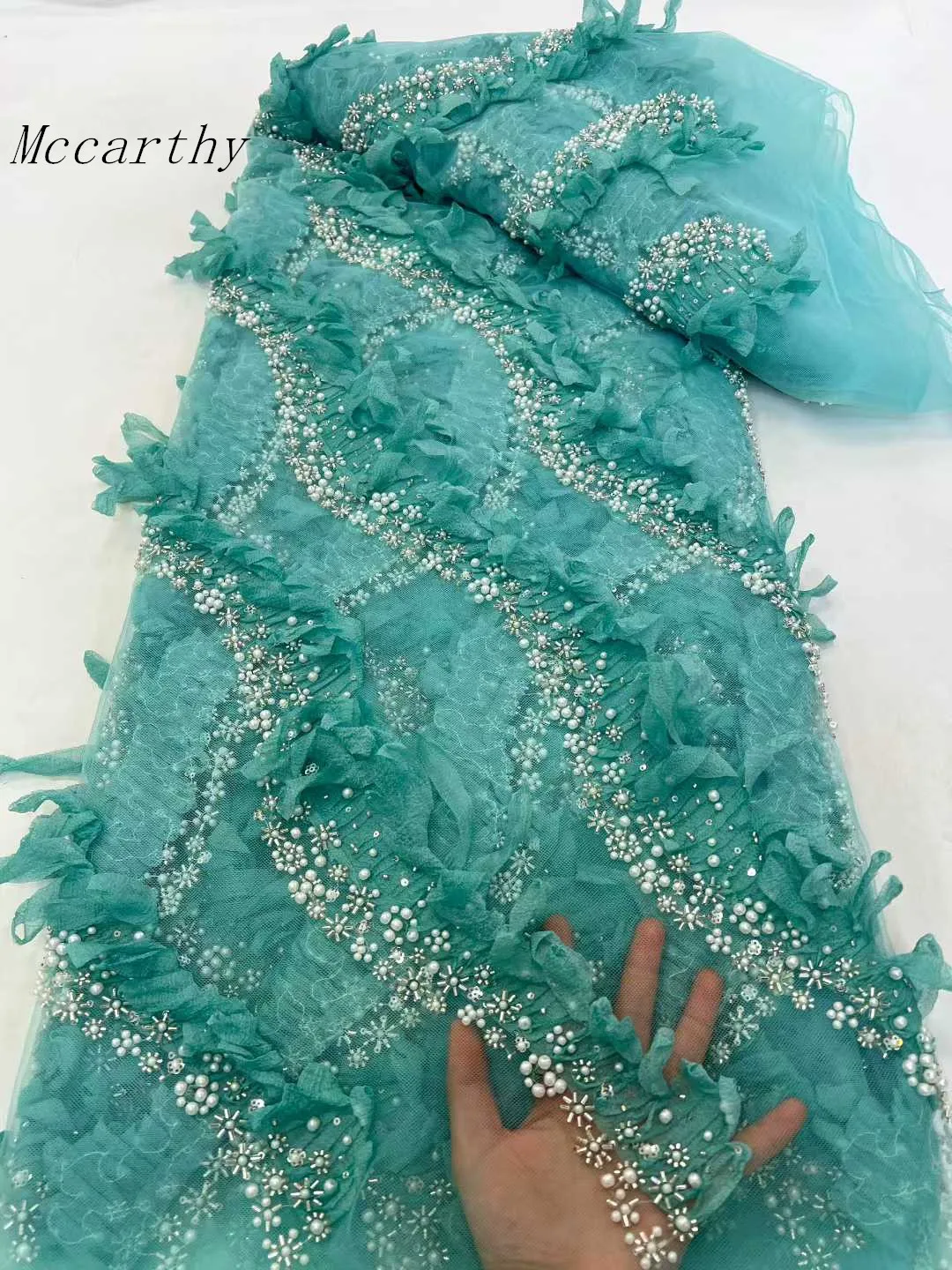 

Mccarthy African Sequins Pearls Lace Fabric 2026 High Quality French Heavy Beaded Tulle Lace Fabric Nigeria For Bridal Dress