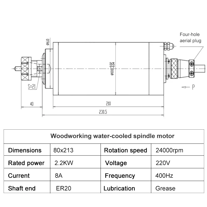 GDZ-80-2.2B ระบายความร้อนด้วยน้ําแกนมอเตอร์ 2.2KW ER20 220V 24000rpm 80 มม.400Hz สําหรับ CNC Router Milling