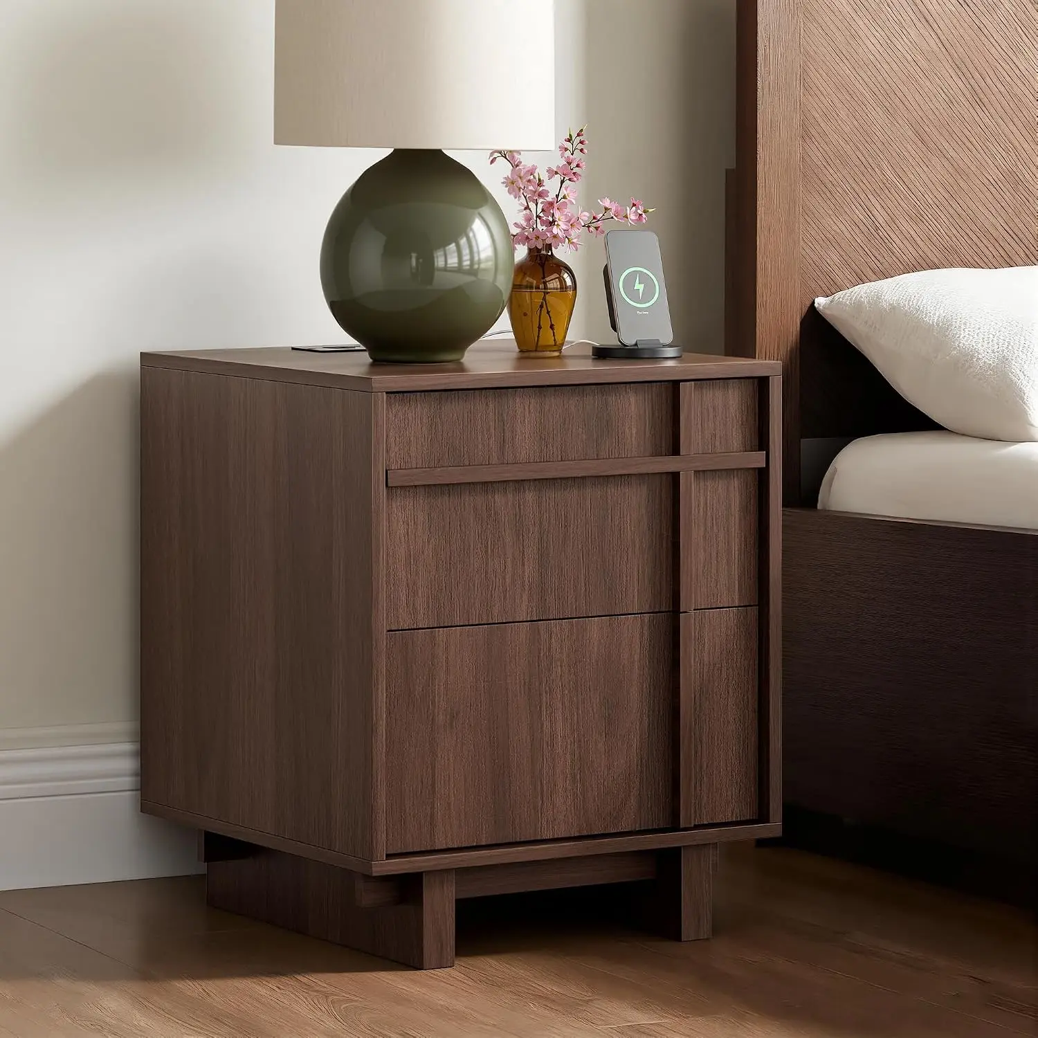 Mid Century Nightstand with Charging Station & Skeleton Line Wood Grain, Bedside Table with Drawers for Bedroom &Customized