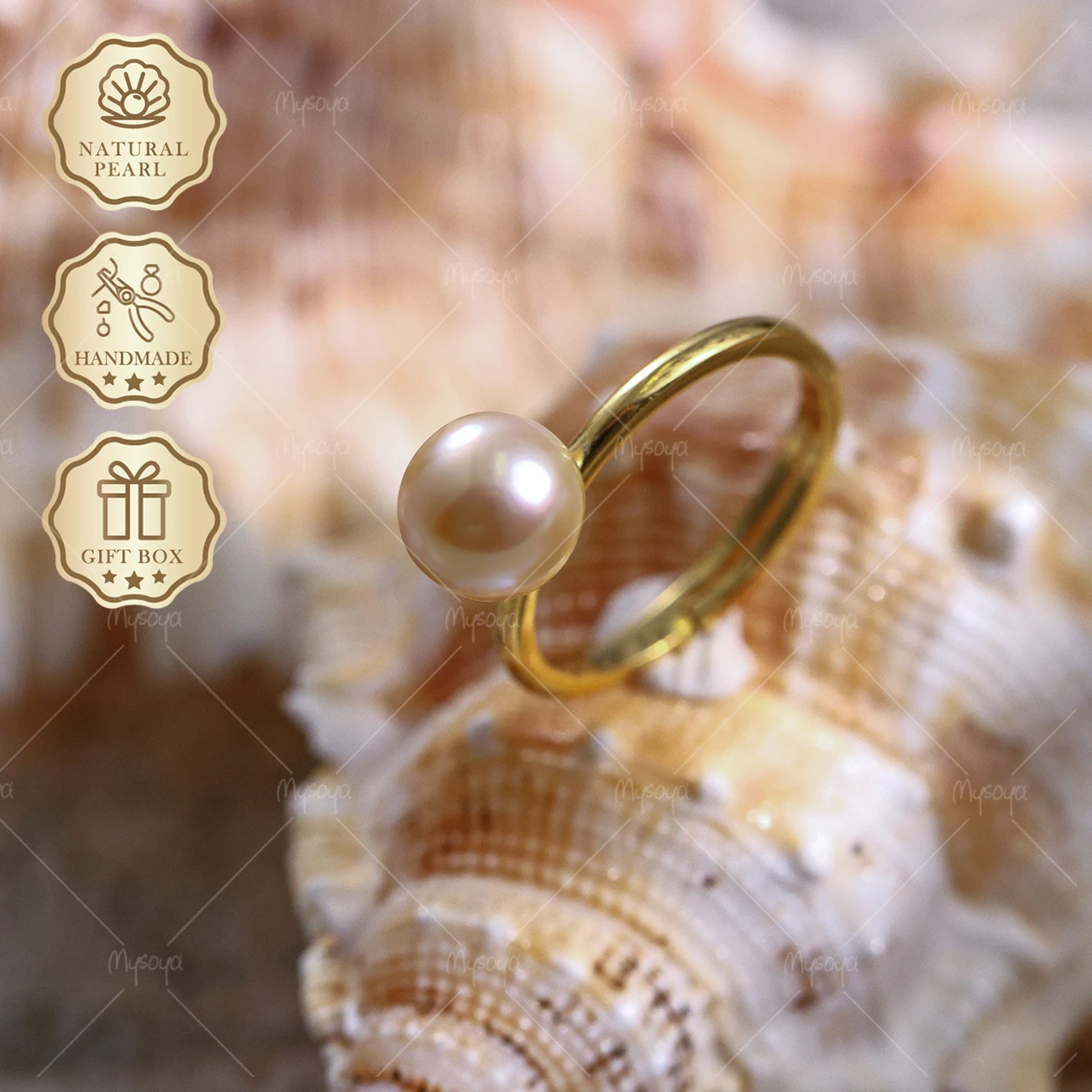 

MYSOYA Akoya Pearl Open Ring 8-8.5mm Simple Polished Ring, Gift Box, Birthday Jewelry S307