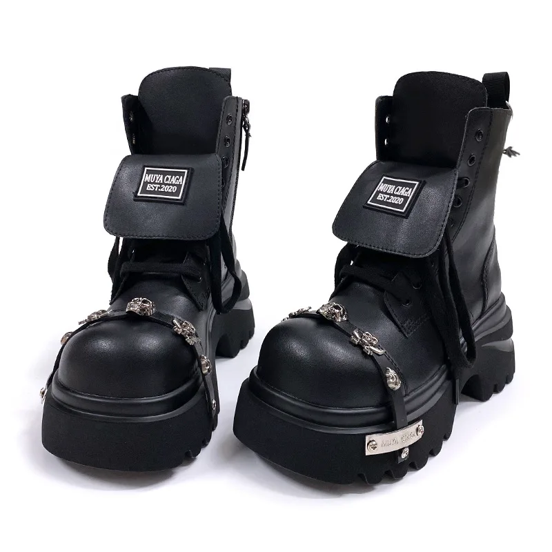 

Gothic Punk Platform Boots for Women Rivet Metal Decoration Chain Buckle Motorcycle Boots Chunky Heel Womens Ankle Booties Botas