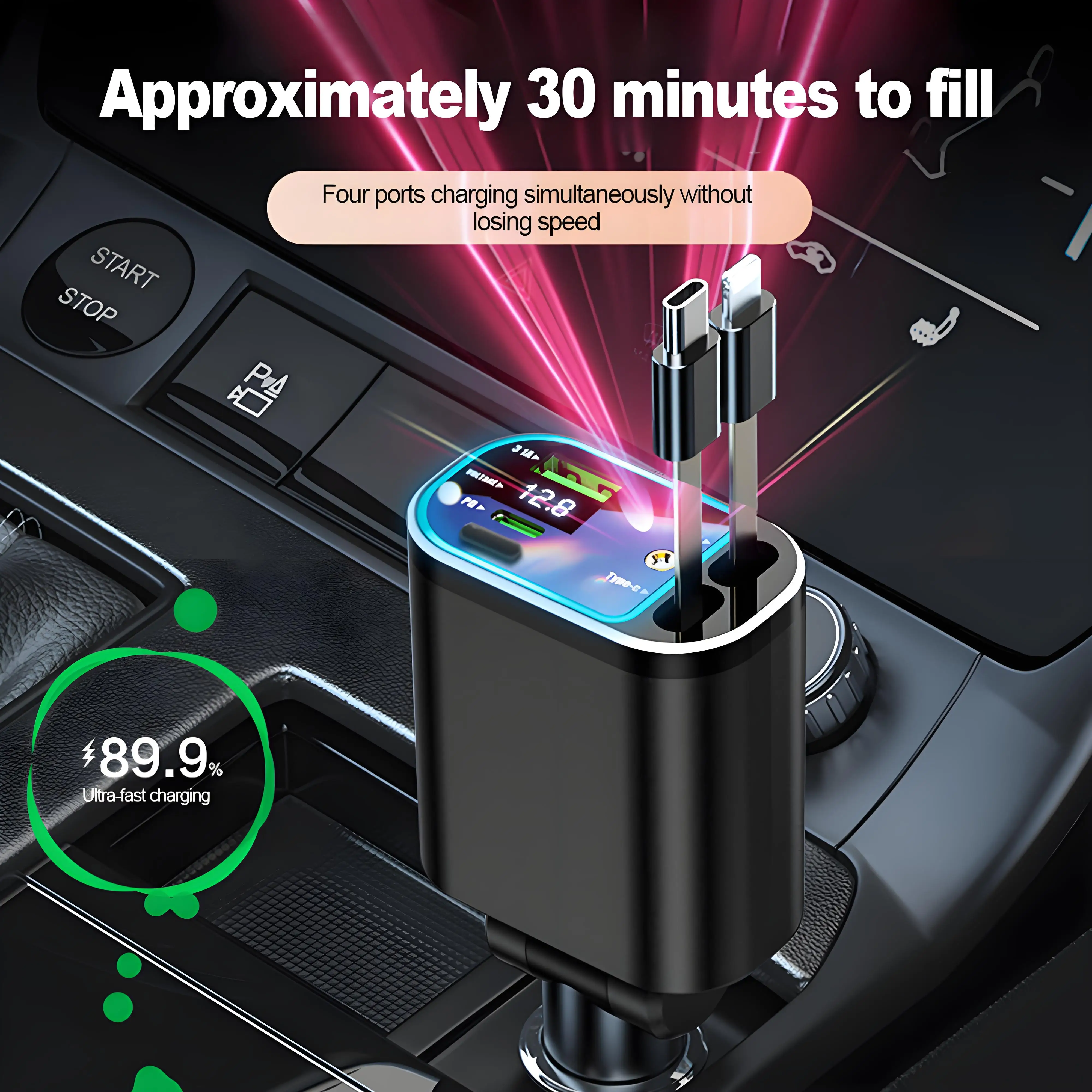 

120W Car Charger PD30W Car Cigarette Lighter Adapter Voltage Display With Retractable Cable Roof Starlight For IOS Android