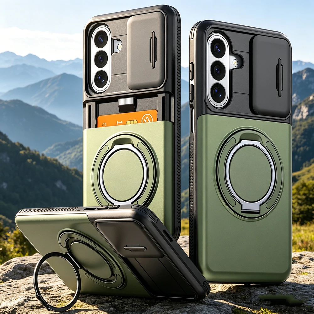 For Samsung Galaxy A57 A56 A55 A37 A36 A35 A27 A26 A17 A16 A15 5G A07 A06 Magnetic Stand Hidden Card Slot Slide Camera Case