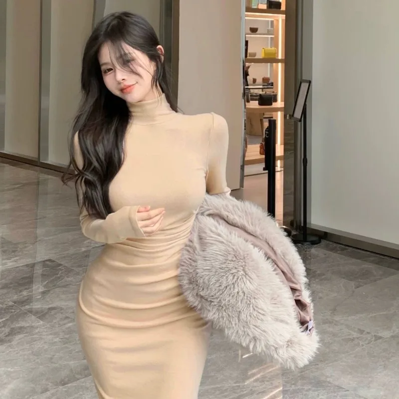 Bodycon Dresses Women Sexy Pure Slim Folds Mature Turtleneck Elegant Ulzzang Midi Party Fashion Long Sleeve Vestidos De Mujer