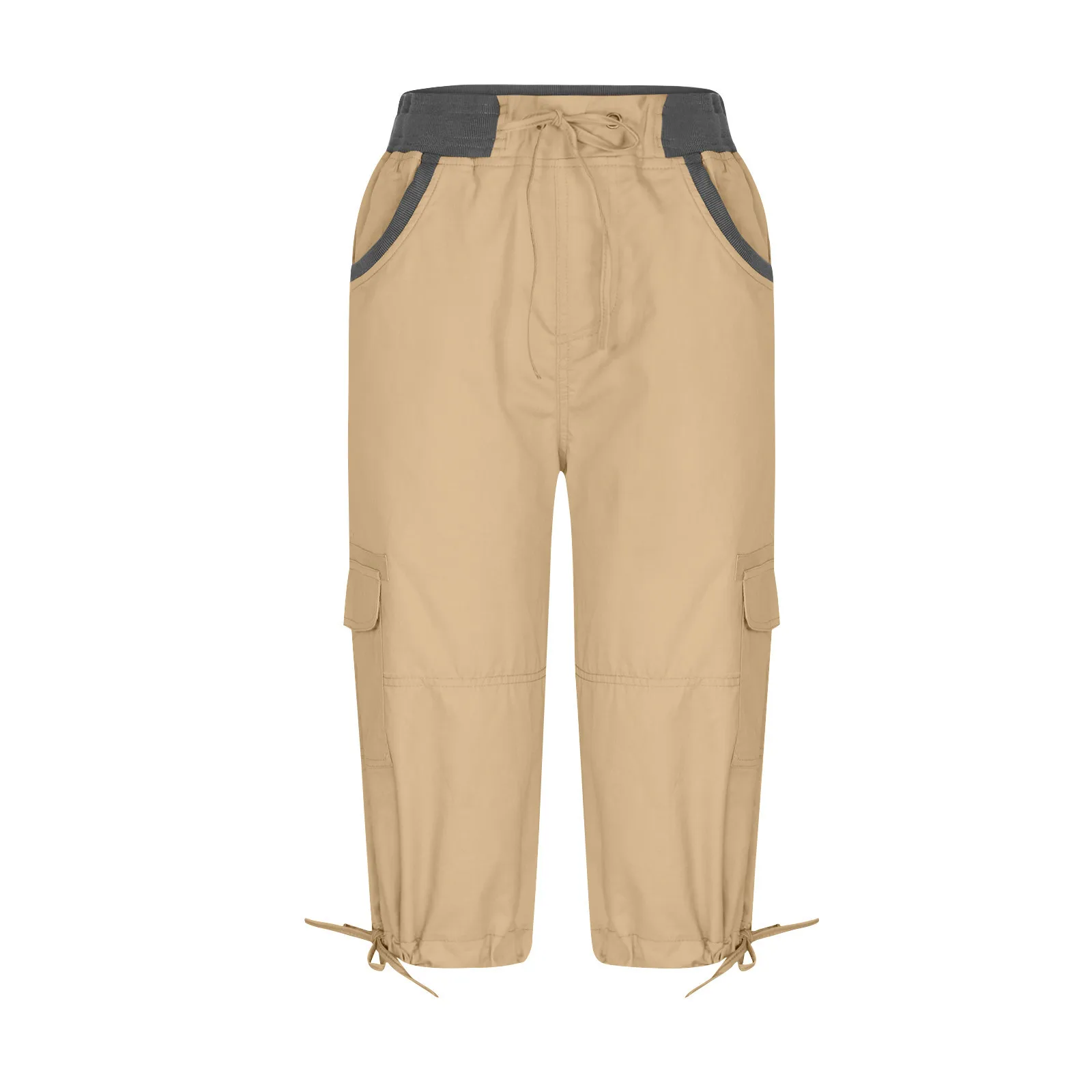 2026 Women's Summer Casual High Waist Drawstring Pocket Workwear Pants Solid Loose Wide Leg Extendable Cuffs 7-inch Pants Female
