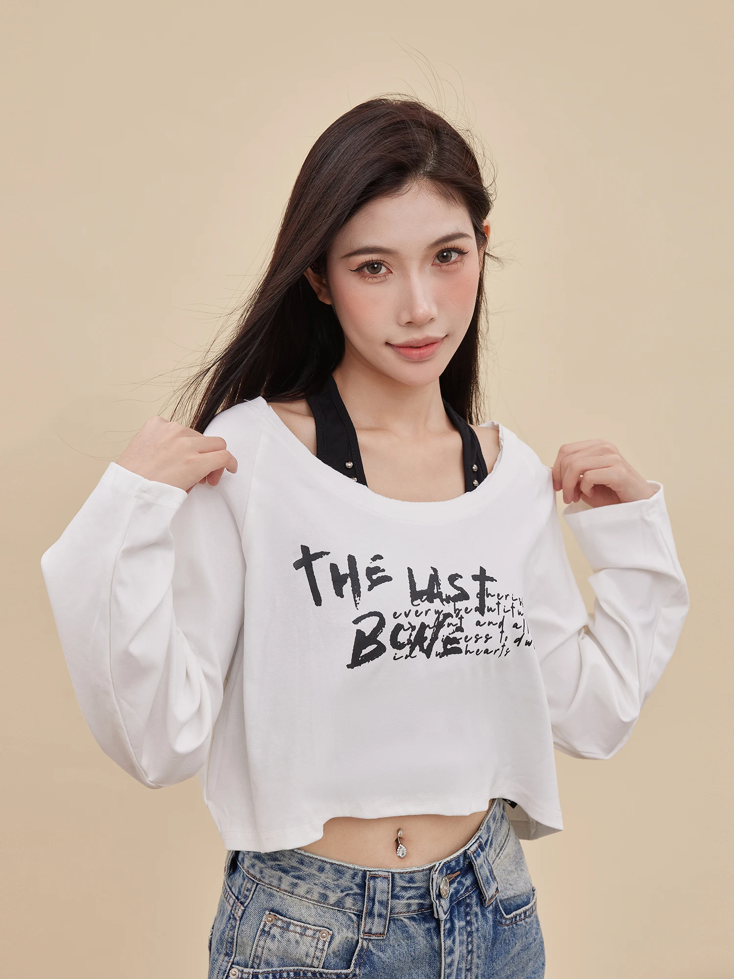 

EDX Women's White Long Sve Knitted T-irt Set with Bla Chest Pad Casual Print Ciwalk Cotton Blend Breathable ort Le...