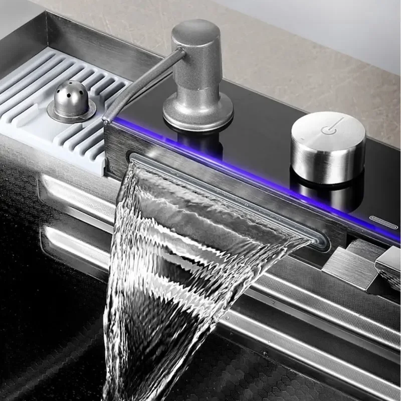 304 Stainless Steel Kitchen Sink Single Bowl with Digital Display Super Thick 4.0mm Honeycomb Surface Waterfall Faucet