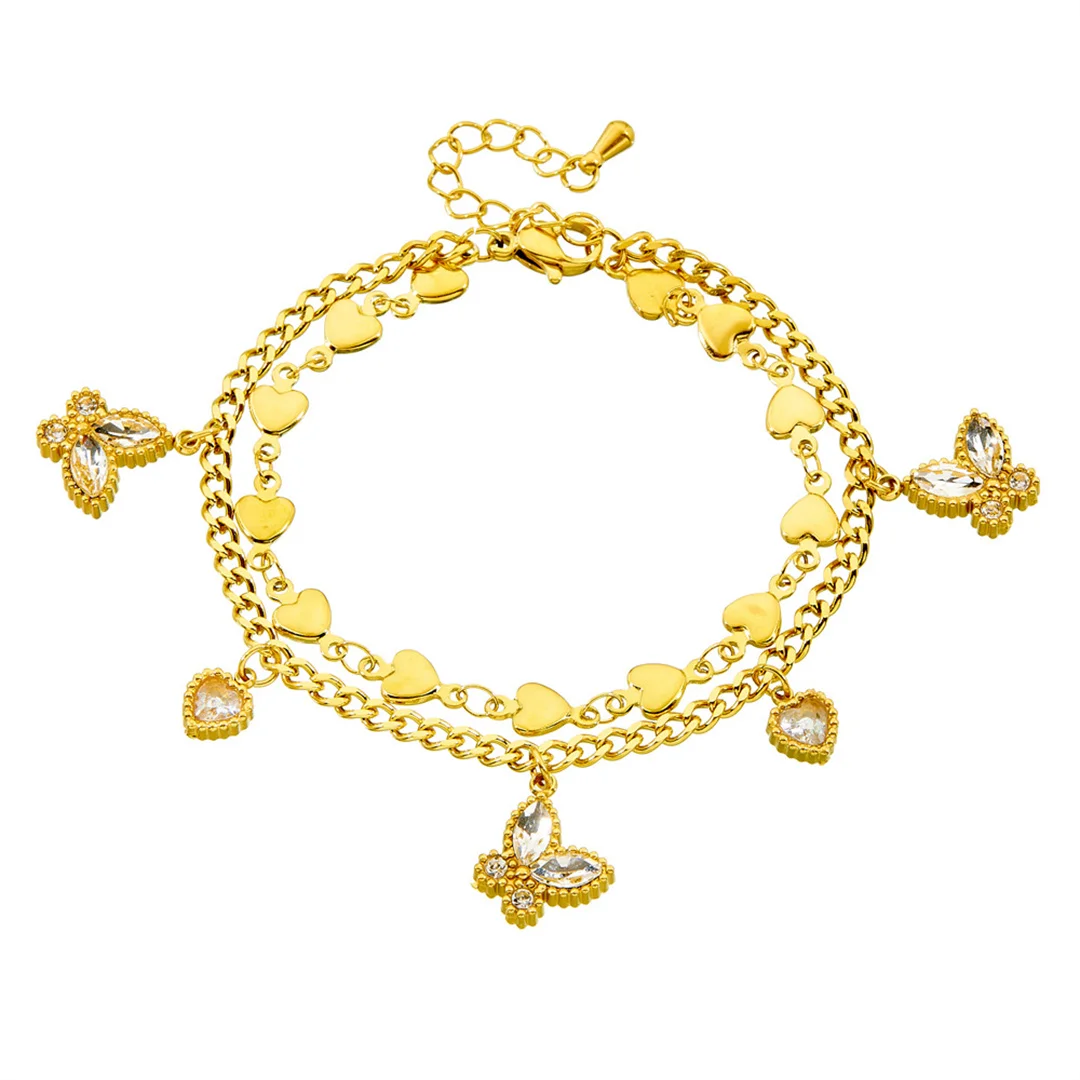 Punk Zirconia Butterfly Heart Charm Bracelet Gold Color Stainless Steel 2 Layer Cuban/Heart Chain Bracelets for Woman Jewelry