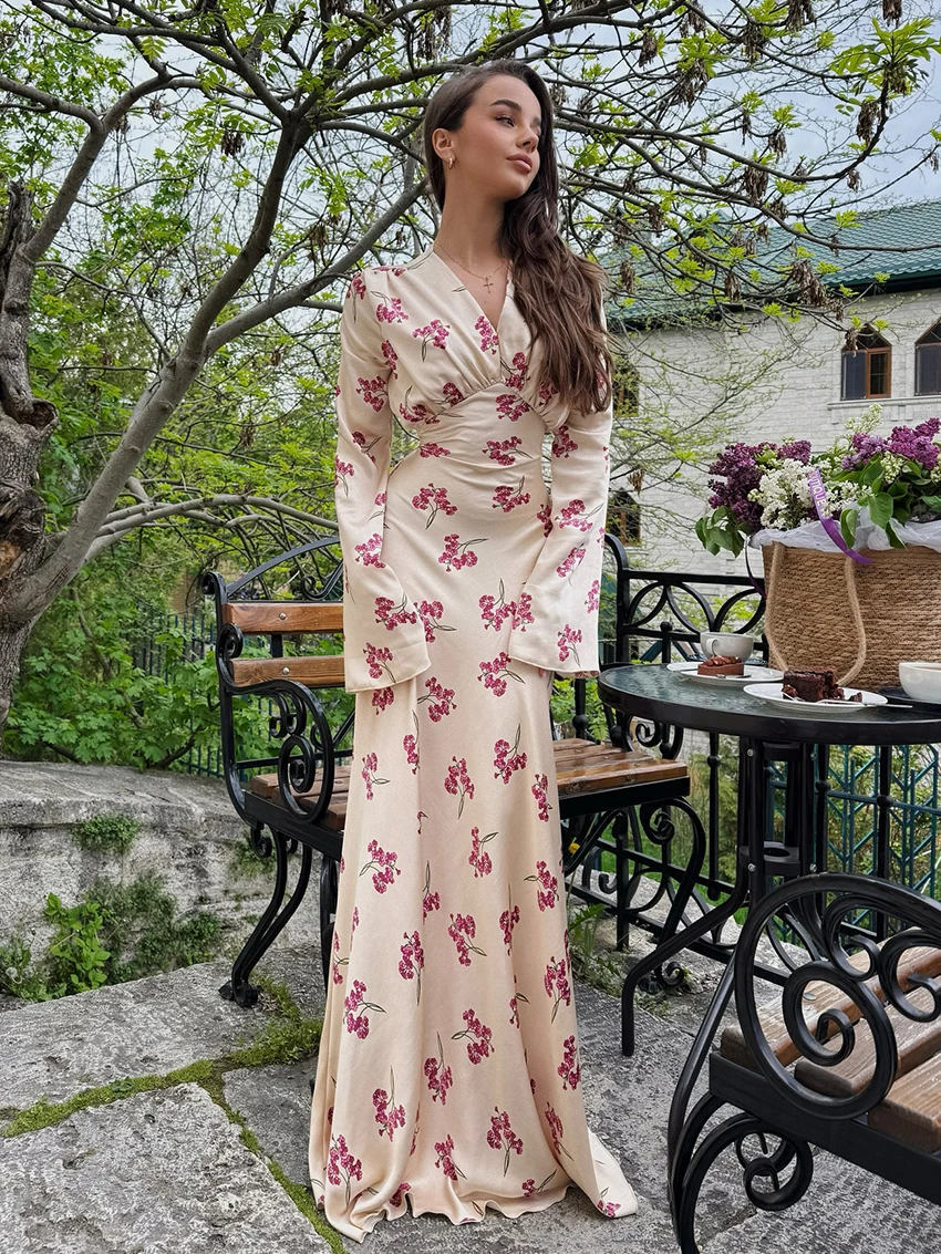 Marthaqiqi Fashion Printing Ladies Nightgown Long Sleeve Nightwear Sexy V-Neck Pajama Ankle-Length Dress Autumn Female Sleepwear
