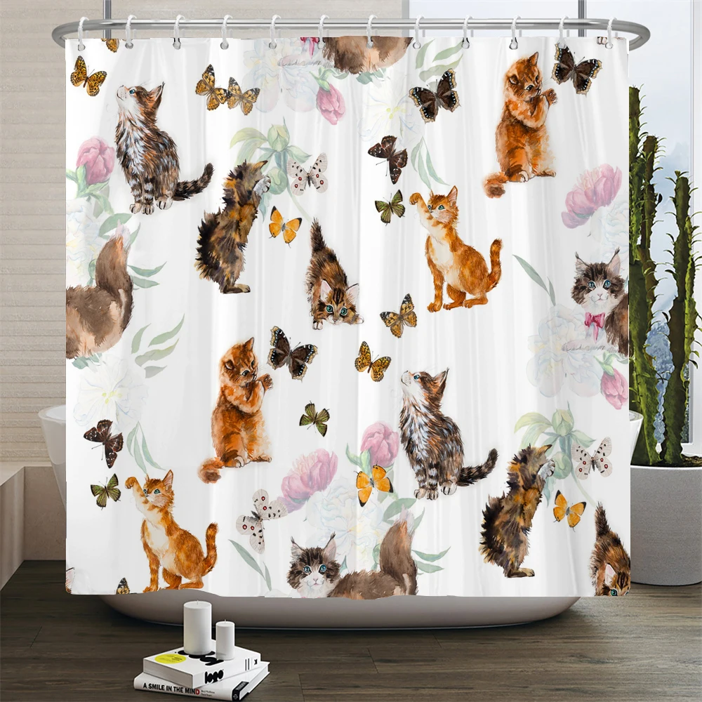 Cute Cat Animal Shower Curtain Baby Room Decor Waterproof Cartoon Shower Curtain Bathtub Curtain Bathroom Textured With Hooks