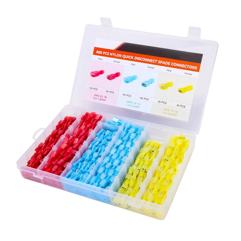 800PCS Nylon Spade Quick Disconnect Connector Kit - Male and Female Electrical Wire Connectors Kit Pressed Wire Terminal Crimp