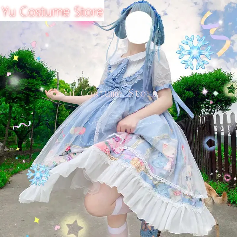 

Plus Size Japanese Sweet Blue Print Lolita Tea Rabbit Servant Dress Short Sleeve Dress Renaissance Gothic Dress Tea Party Yu