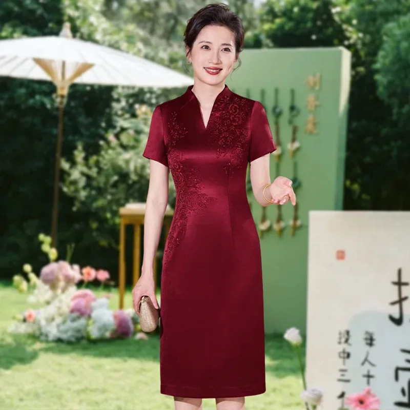 Mid-length summer dress, short sleeve, satin, Chinese style cheongsam, wedding, mother of the bride, evening dress