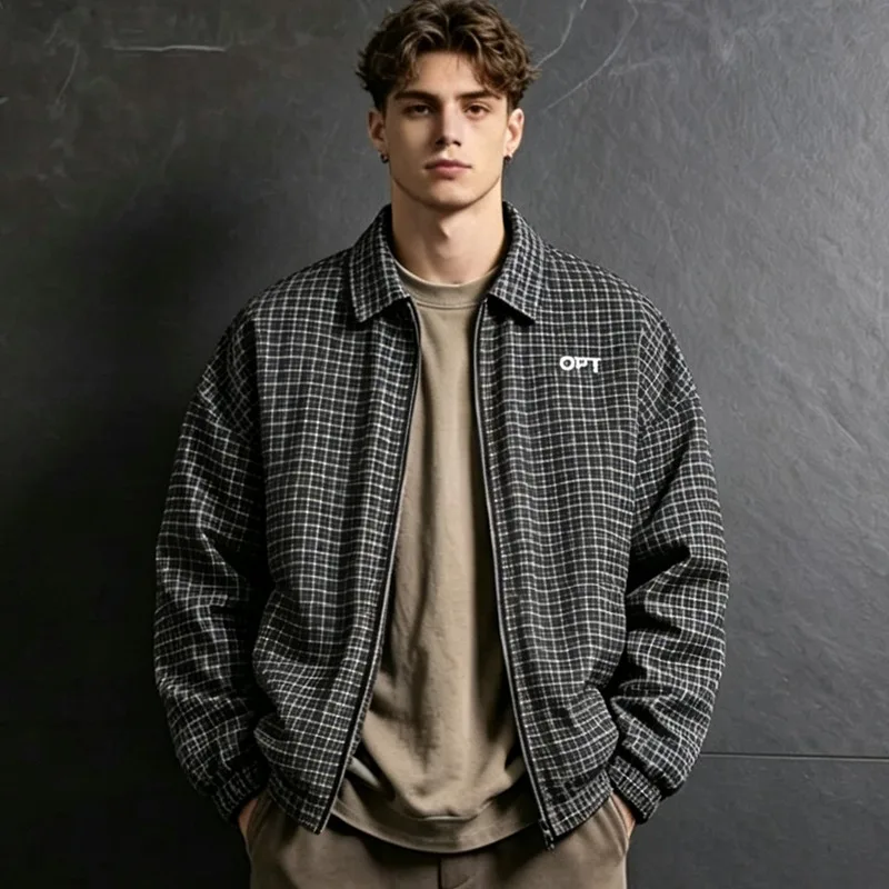 UETEEY Men Plaid Retro Jackets Turn Down Collar Casual Coat Spring Autumn Vintage Outerwear Business Fashion Casual Blazer Man