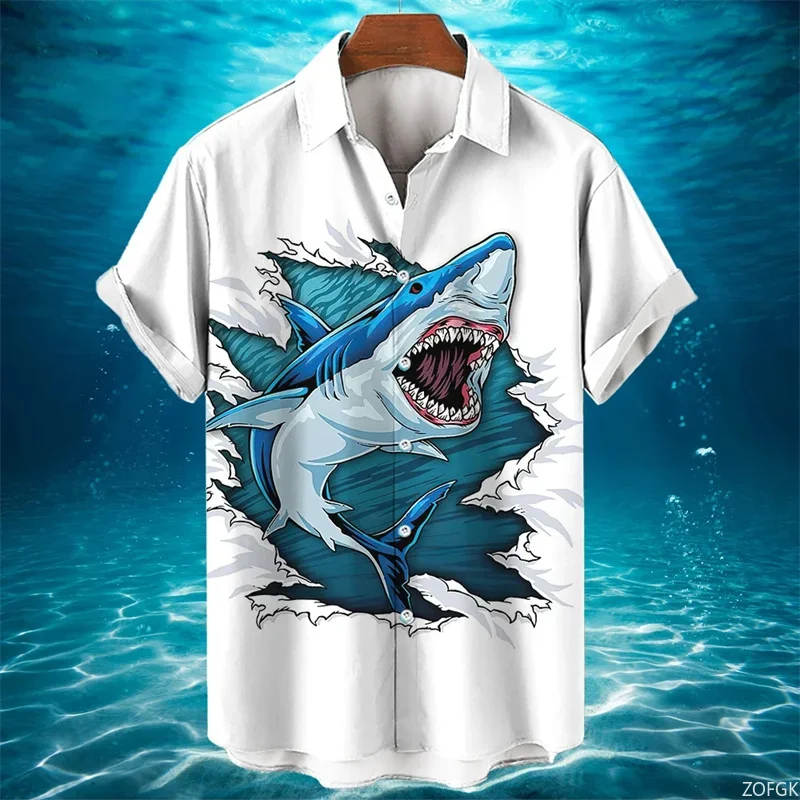 

3D Animal Shark Print Hawaiian Shirt Men's Summer Casual Shirt Fashion Short Sleeved Sea World Loose Street Blouse Refreshing