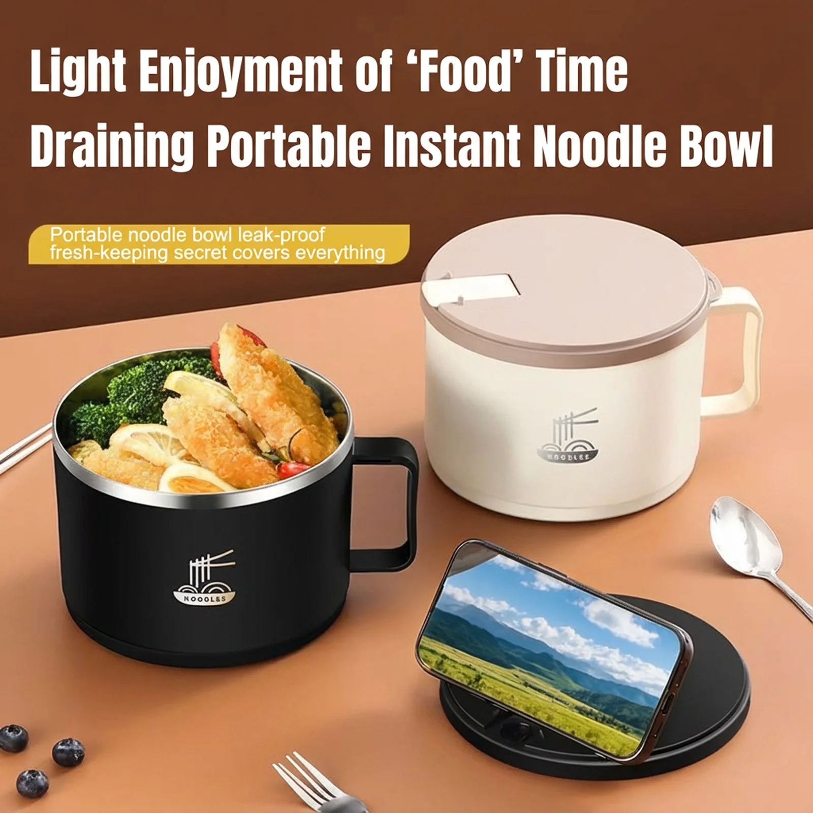 

1500ML Stainless Steel Ramen Bowl With Lid Insulated And Drainable Bowl For Dorm Use