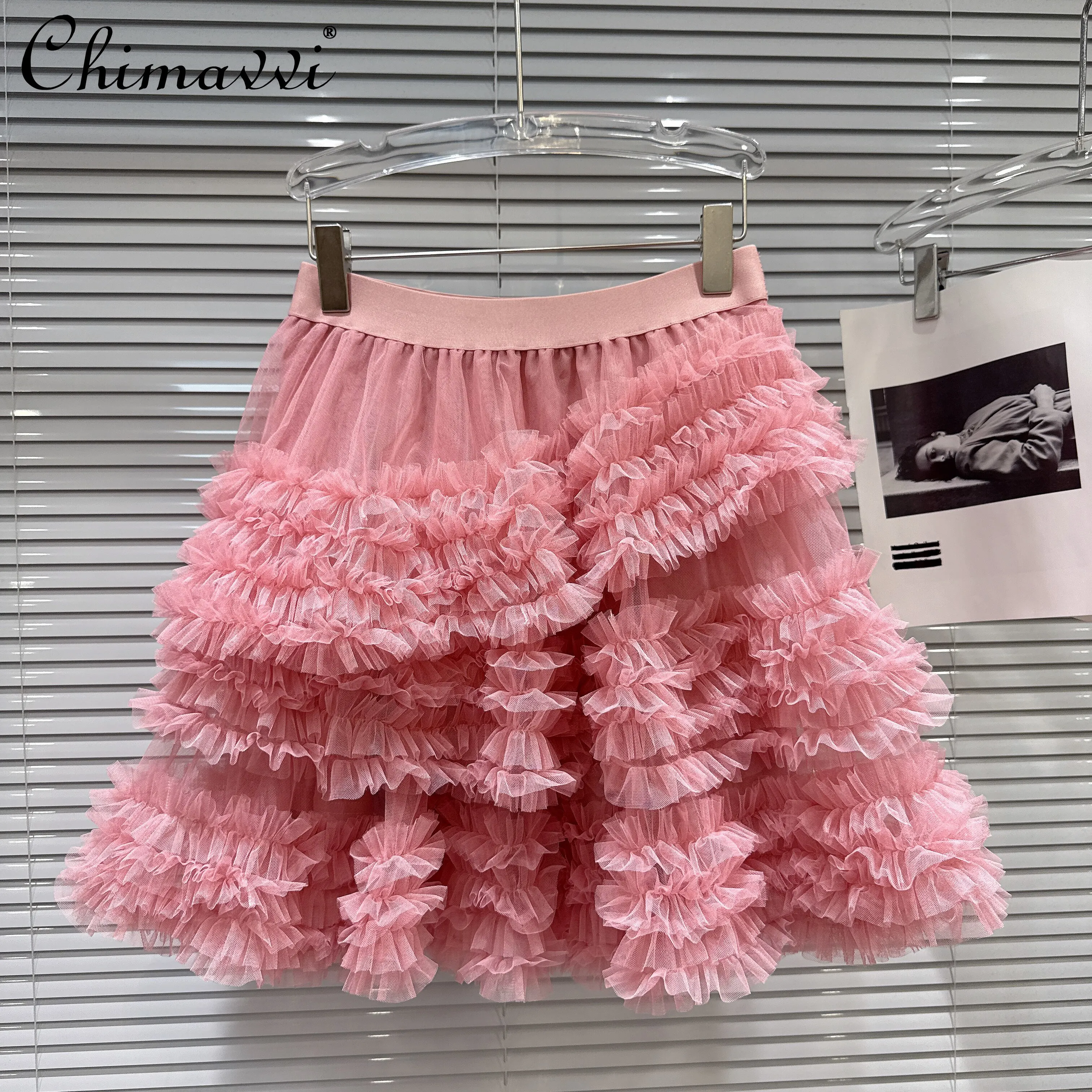

2026 Summer French Elegant Sweet Fairy Style Multi-layer Mesh Short Skirt Versatile Elastic High Waist Fluffy Cake Skirts Women