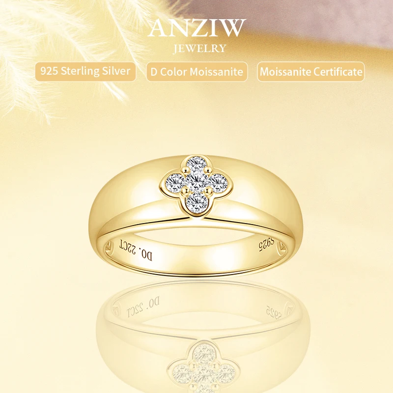 

Anziw модное массивное широкое кольцо 925, муассанит, клевер, цветок, повязки на палец, толстые кольца для женщин, серебро S925, милые ювелирные изделия, сертифицированные
