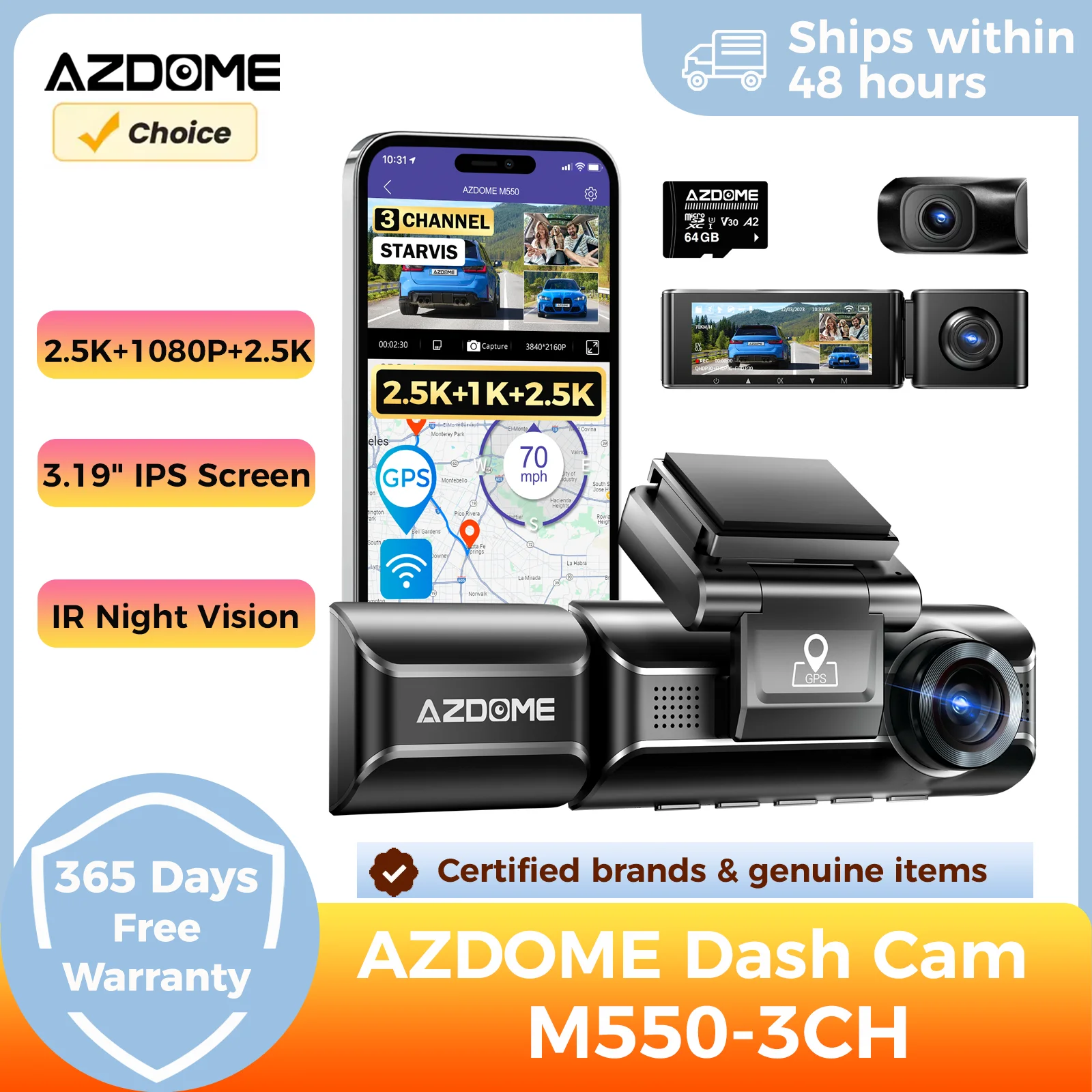 AZDOME M550 3 Channel Dash Cam 2.5K+1080P+2.5K WDR Car Dash Camera 3.19