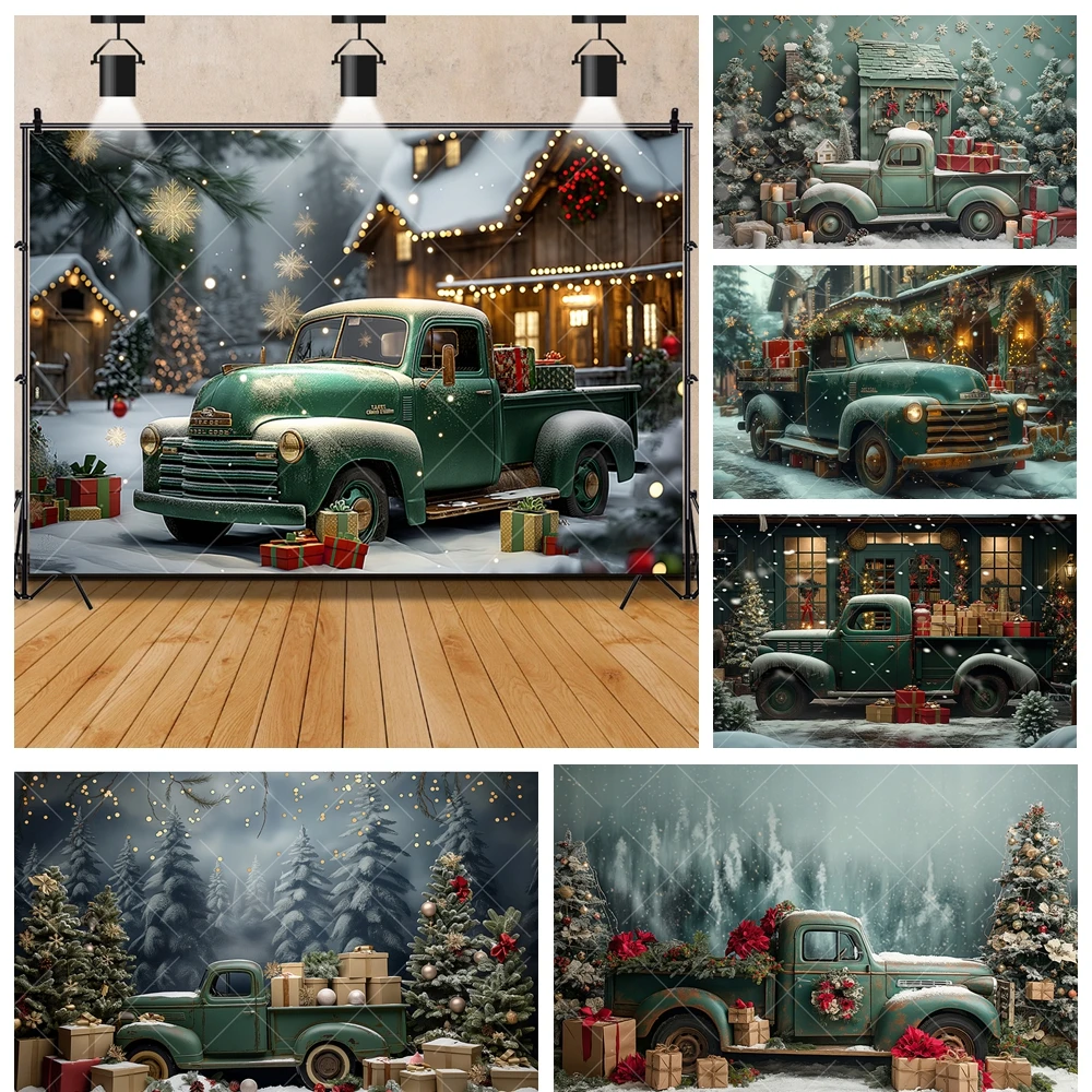 

Winter Christmas Green Car Forest Snow Scene Kids Aldults Family Reunion Party Backdrop Custom Kid Photo Poster Decor Background