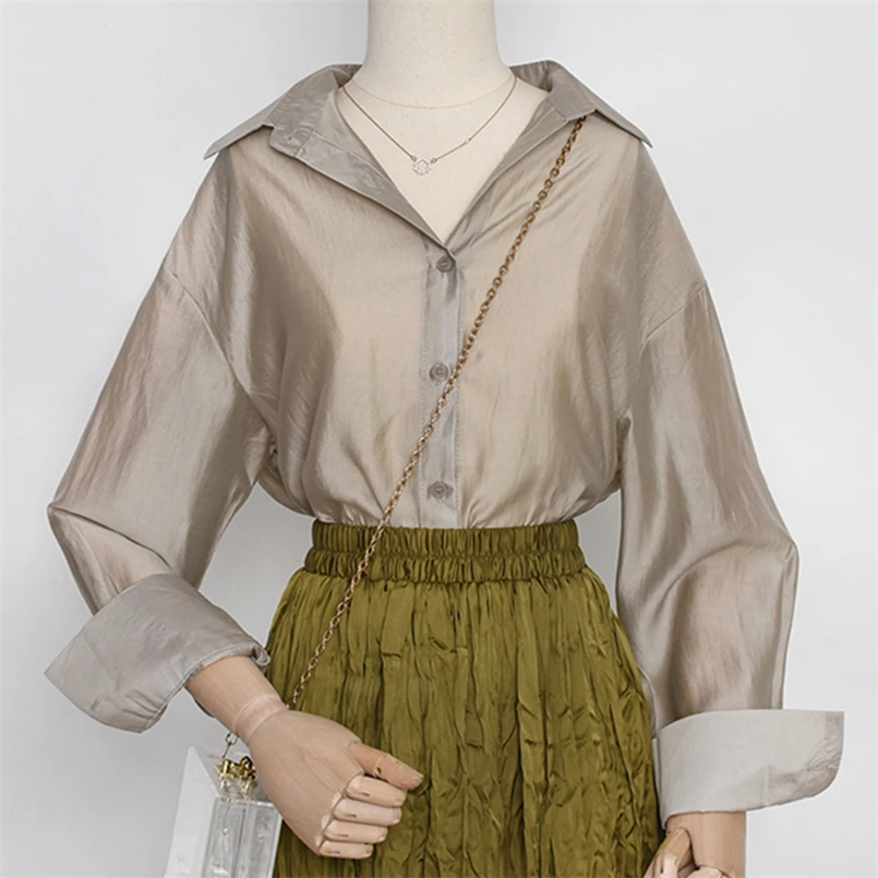 

Новые модные весенне-летние свободные рубашки, женские однотонные блузки из лиоцелла с лацканами, модные темпераментные тонкие топы, универсальные рубашки