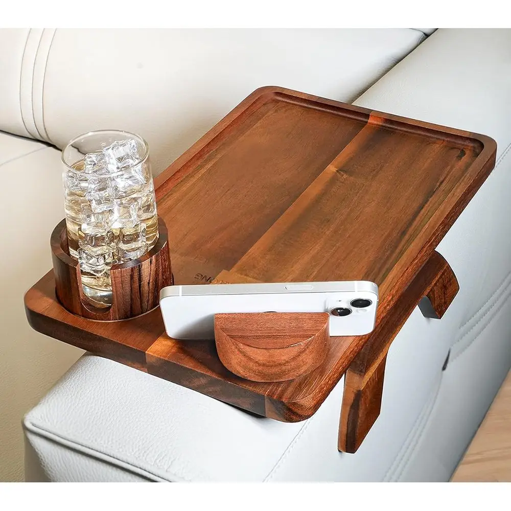 

Folding Acacia Wood Armrest Table with Cup Holder & Adjustable Phone Stand for Sofas and Living Rooms
