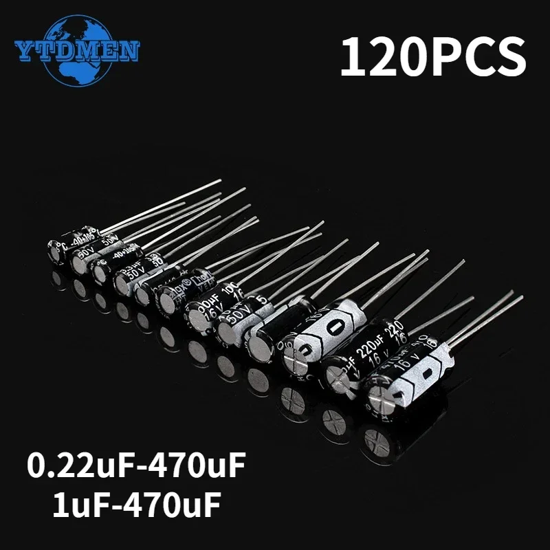 120PCS Aluminum Electrolytic Capacitor 16V 25V 50V 12 Values 1UF 2.2UF 3.3UF 4.7UF 10UF 22UF 33UF 47UF 100UF 220UF 330UF 470UF