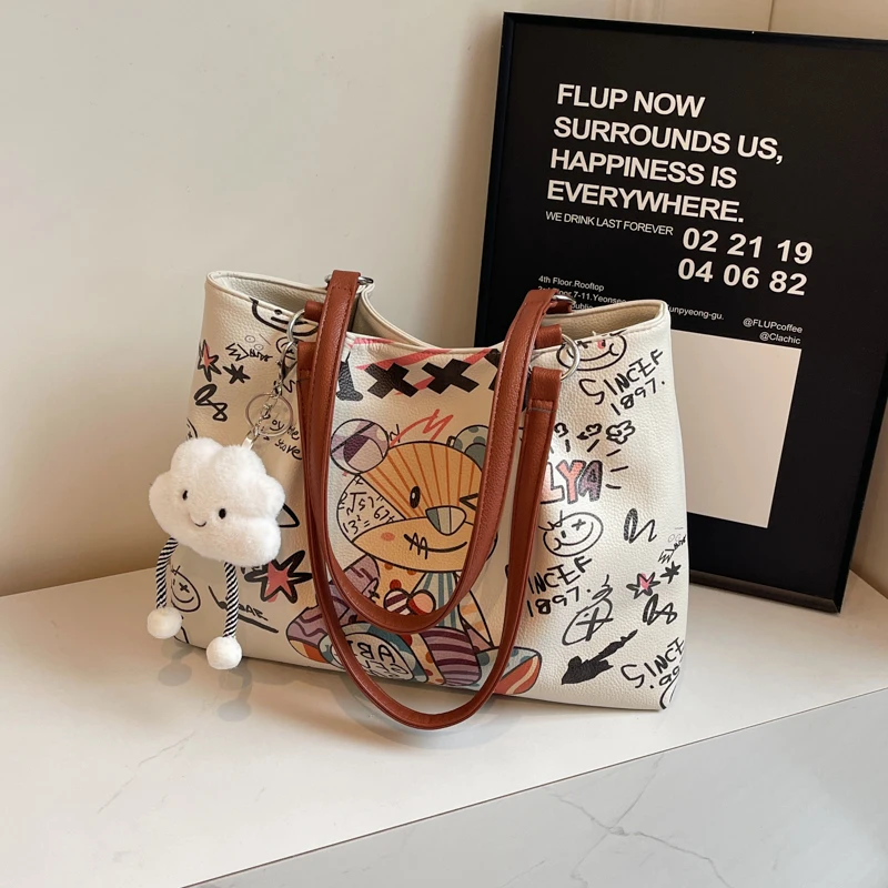 Cartoon Bear Fashion Versatile Large Capacity PU Leather Shoulder Bag Women\'s Casual Versatile Tote Bag Student Class Handbag