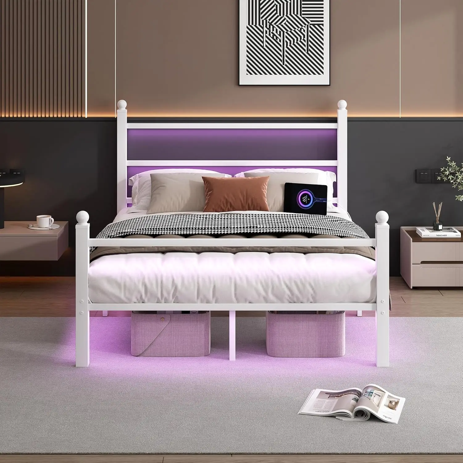 

Full Size Bed Frame with Headboard, Footboard, Steel Slats, USB Charging Station, Under Bed Storage, Noise Free in White