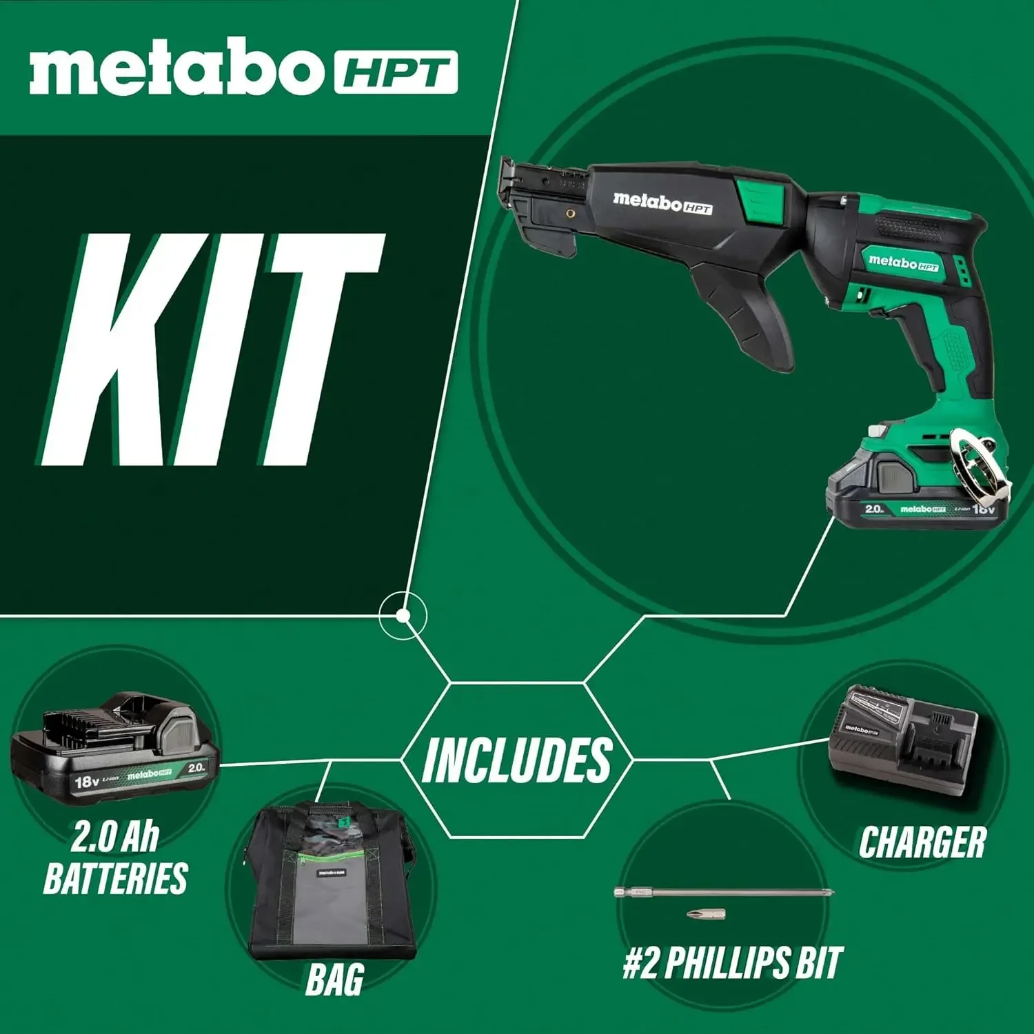 Metabo HPT Cordless 18V MultiVolt™ Drywall Screw Gun Kit | Includes Collated Screw Magazine Attachment | Includes 1-18V 2.0 Ah