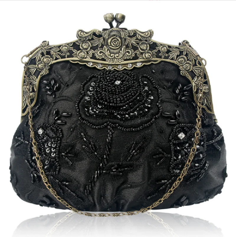 New Chinese Style Fashion Classical Embroidered Bead Flower Cosmetic Bag Women's Chains Clutch Bags Purse Evening Party Handbag