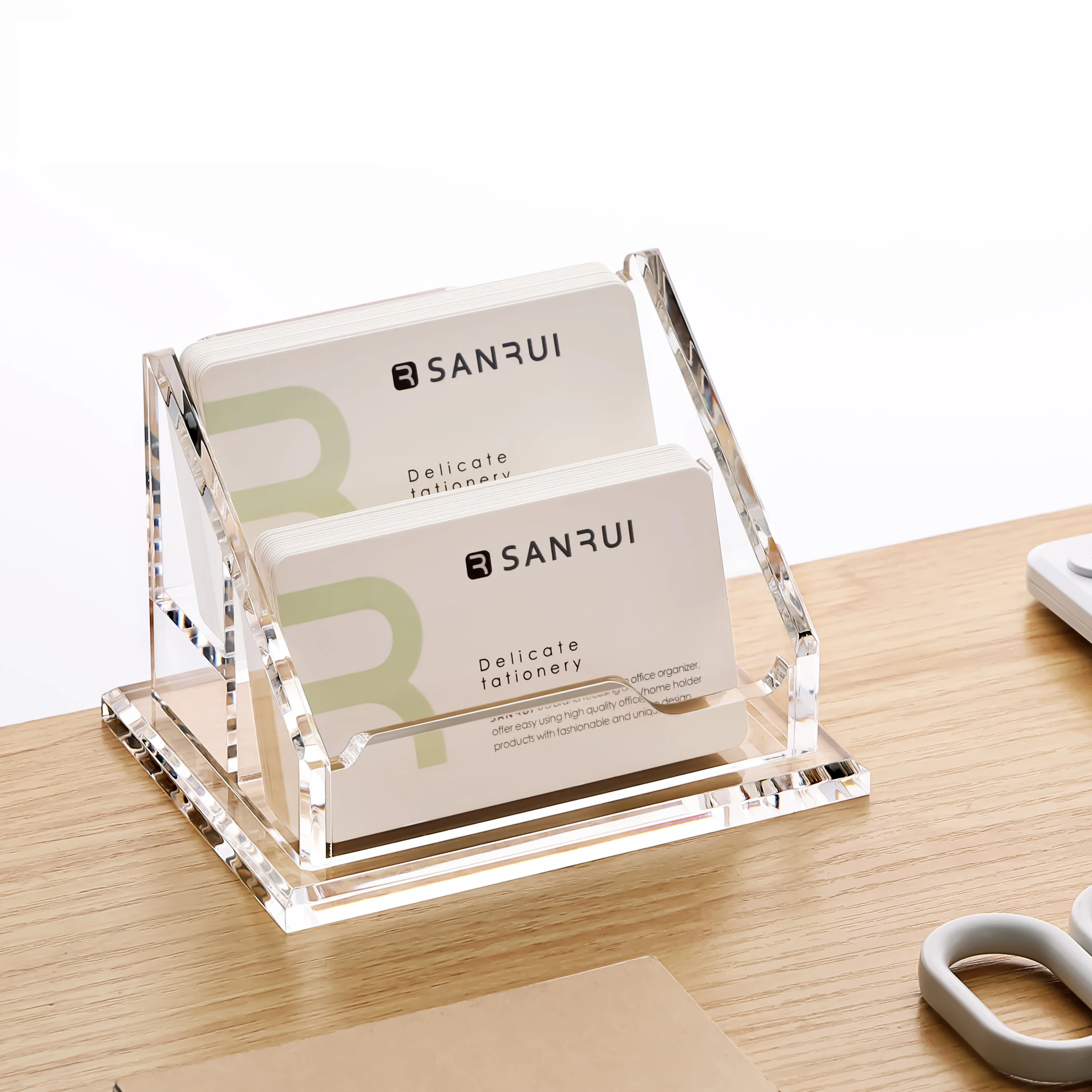 Business Card Holder for Desk, Clear Acrylic Business Cards Display Stand -2 Tier 2 Slots 1 Pack