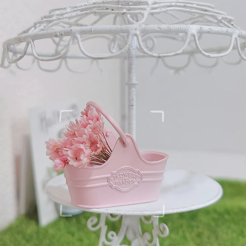 1:12 Dollhouse Metal Flower Bucket Basket Shopping Basket Fairy Garden Decoration Micro Landscape Scene Construction Props