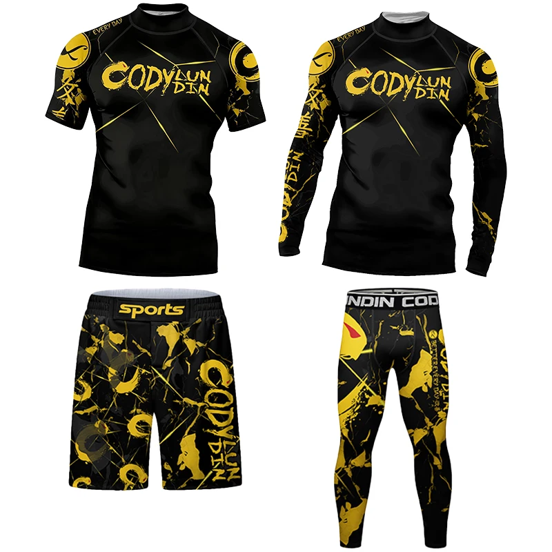Gold Yellow Rashguard MMA T-shirt +Pants MMA Shorts 4PCS/Set Brazilian Grappling Jiu Jitsu Bjj Boxing Jerseys Compression Sets