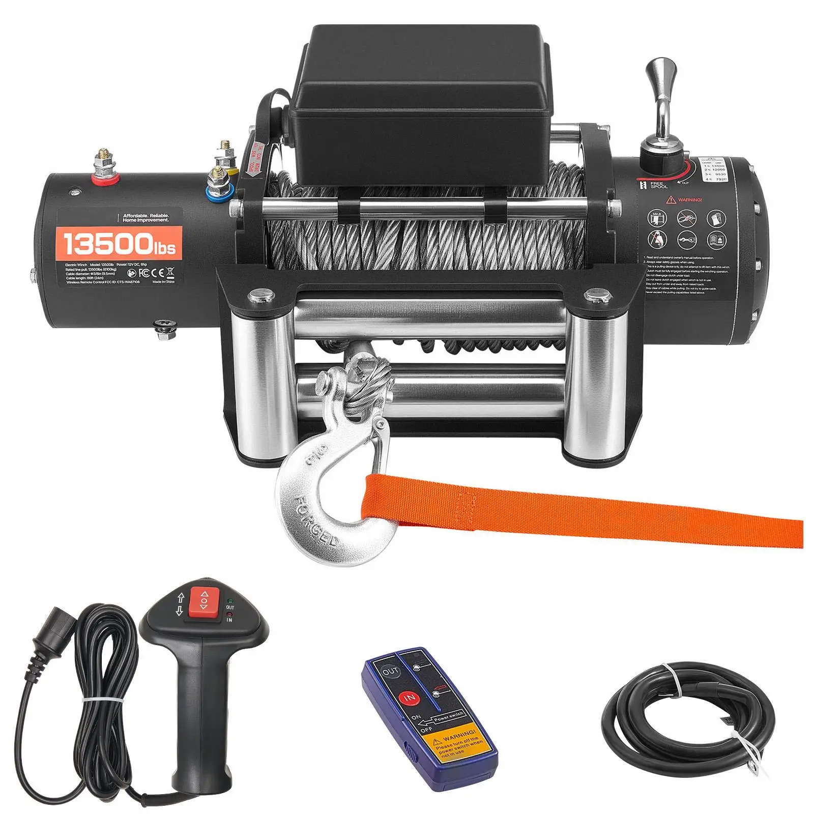 Electric Winch, 13500 lbs Load Capacity, 12V DC Truck Winch with Φ3/8 in x 80 ft Steel Rope, Wireless & Wired Remote Control, IP55 Waterproof for towing SUV for Jeep Trailer Boat Off-Road Vehicle