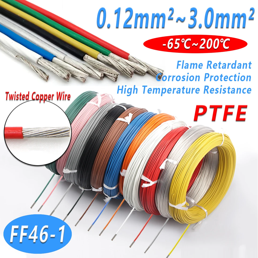 

FF46-1 PTFE Stranded Ground Wire Vehicle Ground Earth Cable 0.12~3mm² for Auto