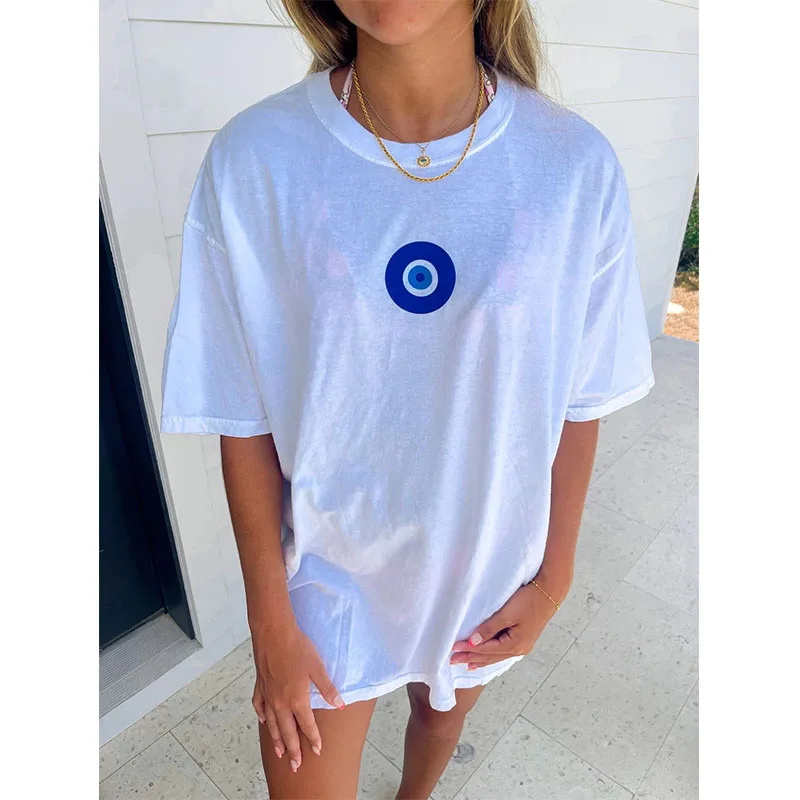 Women Loose Eye Printing Graphic Y2K Summer T Shirts White Cotton Short Sleeve Casual Tops Tees Ins Fashion Aesthetic Shirts