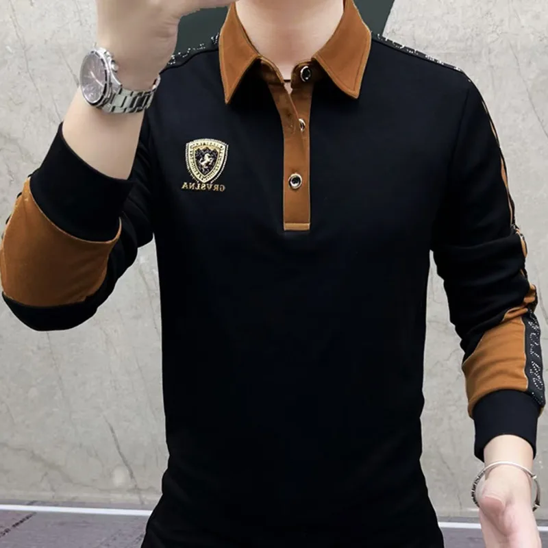 

Autumn Fashion European Version Men's Color Block Turn-down Collar Rhinestone Long Sleeve Camiseta Masculina Shirts Men Dress