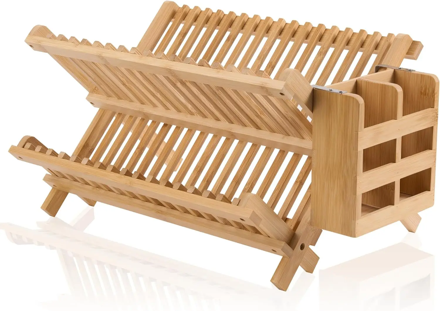 

Bamboo Dish Drying Rack-2 Tier, Collapsible Small Dish Rack with Utensil Holder, Wooden Drying Rack for Kitchen Counter, Apar