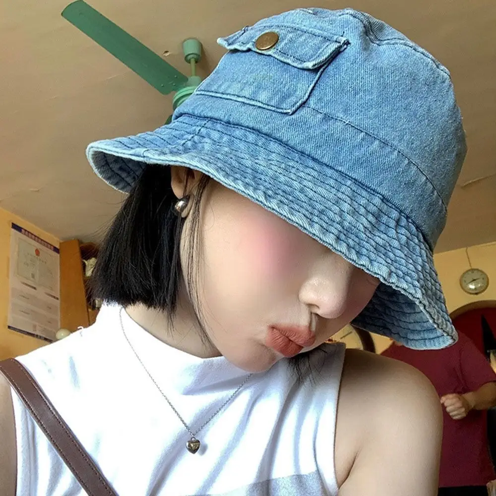 

New Vintage Denim Bucket Hat Travel Outdoor Pocket Sun Hats Korean Solid Color Fisherman Cap Unisex