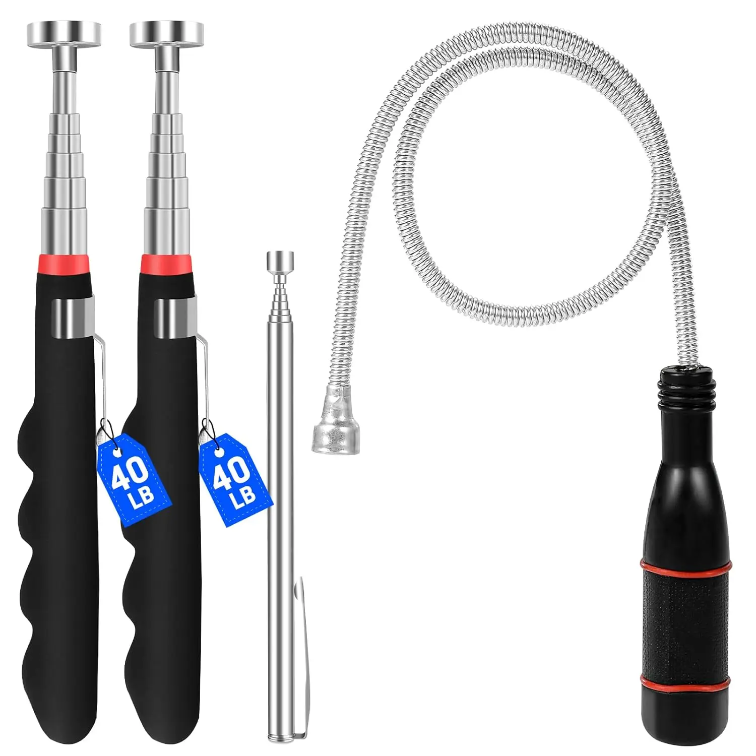 

40lb Telescoping Magnetic Pickup Tool Set - 30in Extendable, Non-Slip Grip, 4Pcs