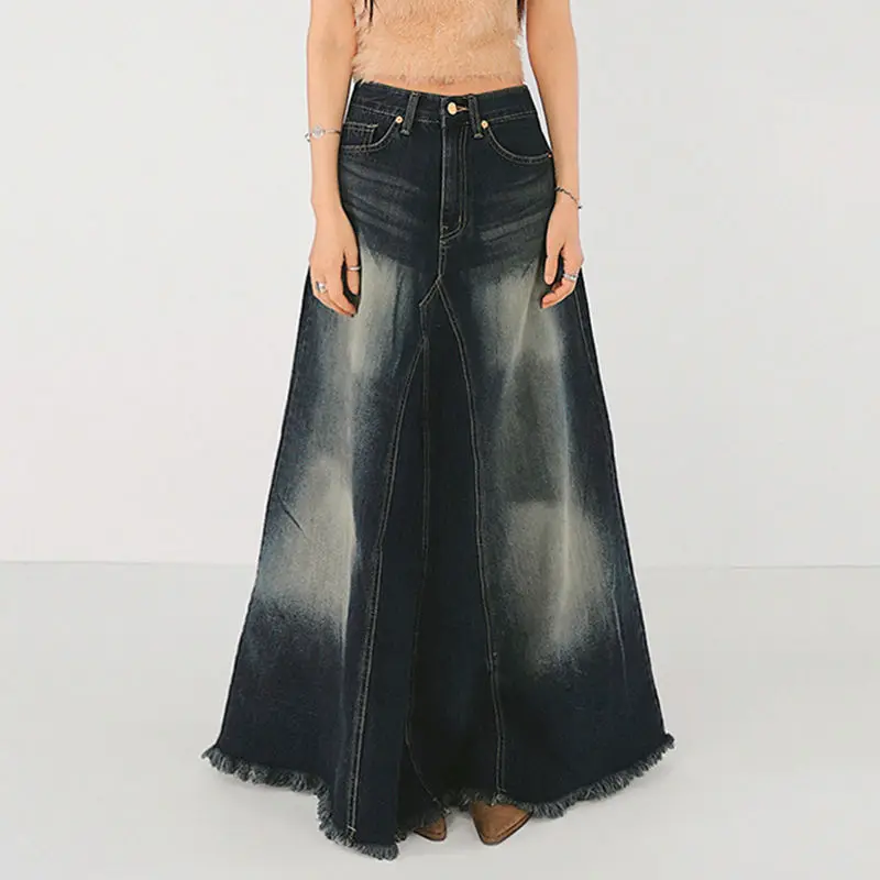 Rok Denim Fishtail rok panjang wanita High-waist Retro Amerika Distressed rok panjang pelangsing ramping gadis panas rok A-Line