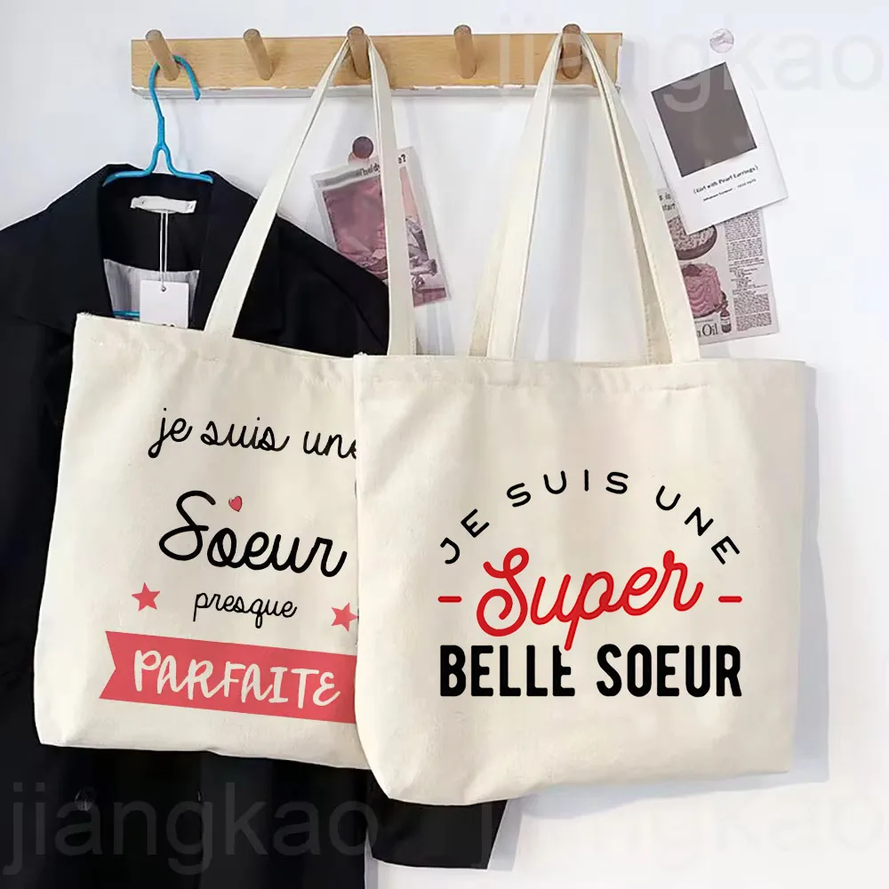 I Am An Almost Perfect Sister French Printed Canvas Shoulder Bag Female Shopping Tote Bag  Women Travel Handbag Gift for Sisters