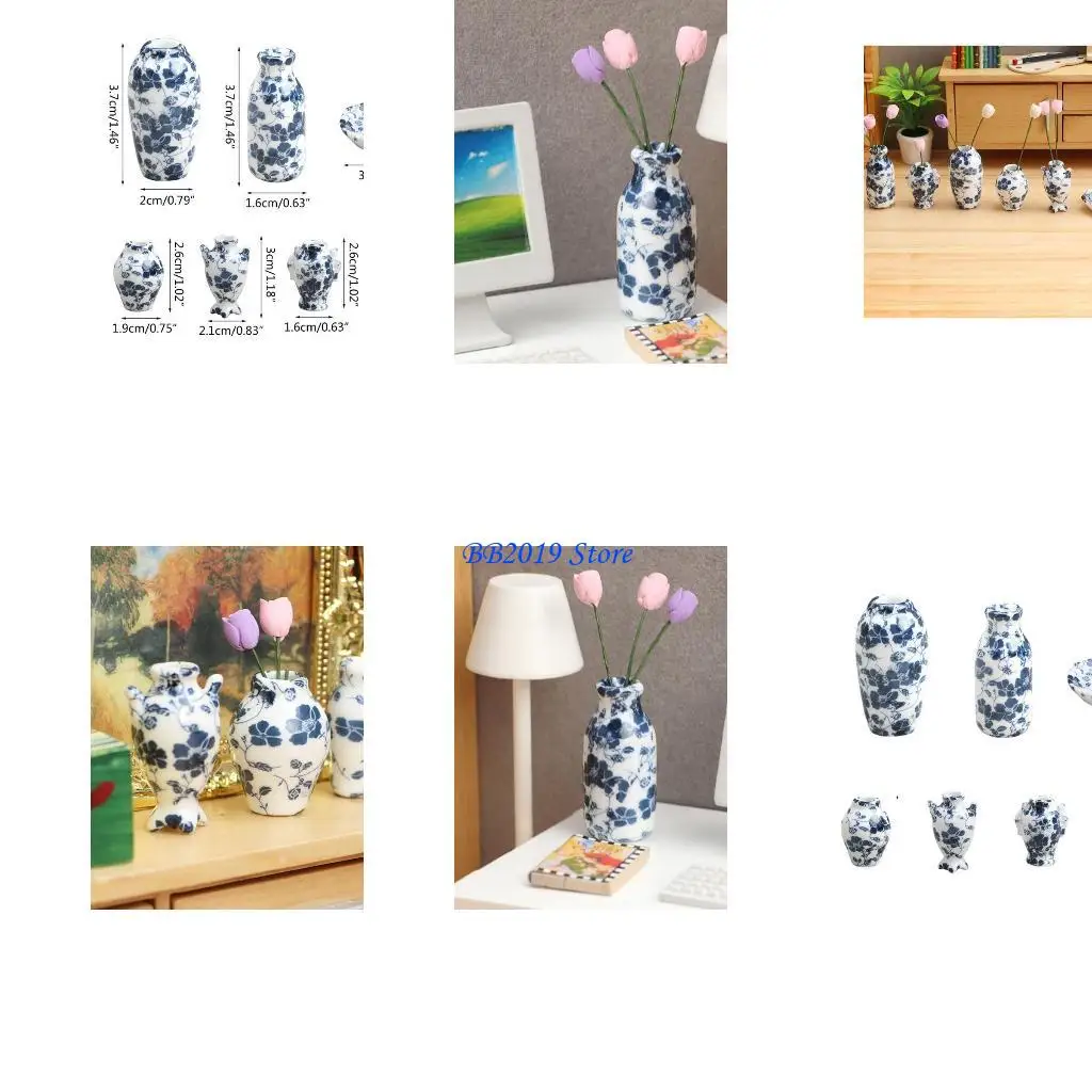 Q0KB 1:12 DOLLHOUSE Miniature Acessory Ware Mini delicado azul e branco Móveis porcelana Decoração para Doll House 7 Pcs