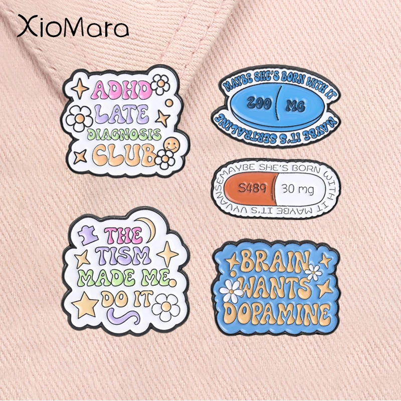 ADHD Neurodiversity Enamel Pin Pill Capsule Autism Mental Health Brain Wants Dopamine Brooches Lapel Badge Jewelry Gifts